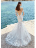 Ivory Floral Lace Tulle Sweet Wedding Dress With Detachable Sleeves